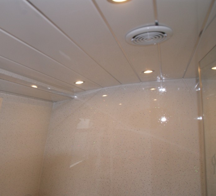 Hygienic and waterproof decorative wall cladding used on the walls and ceiling of a shower.